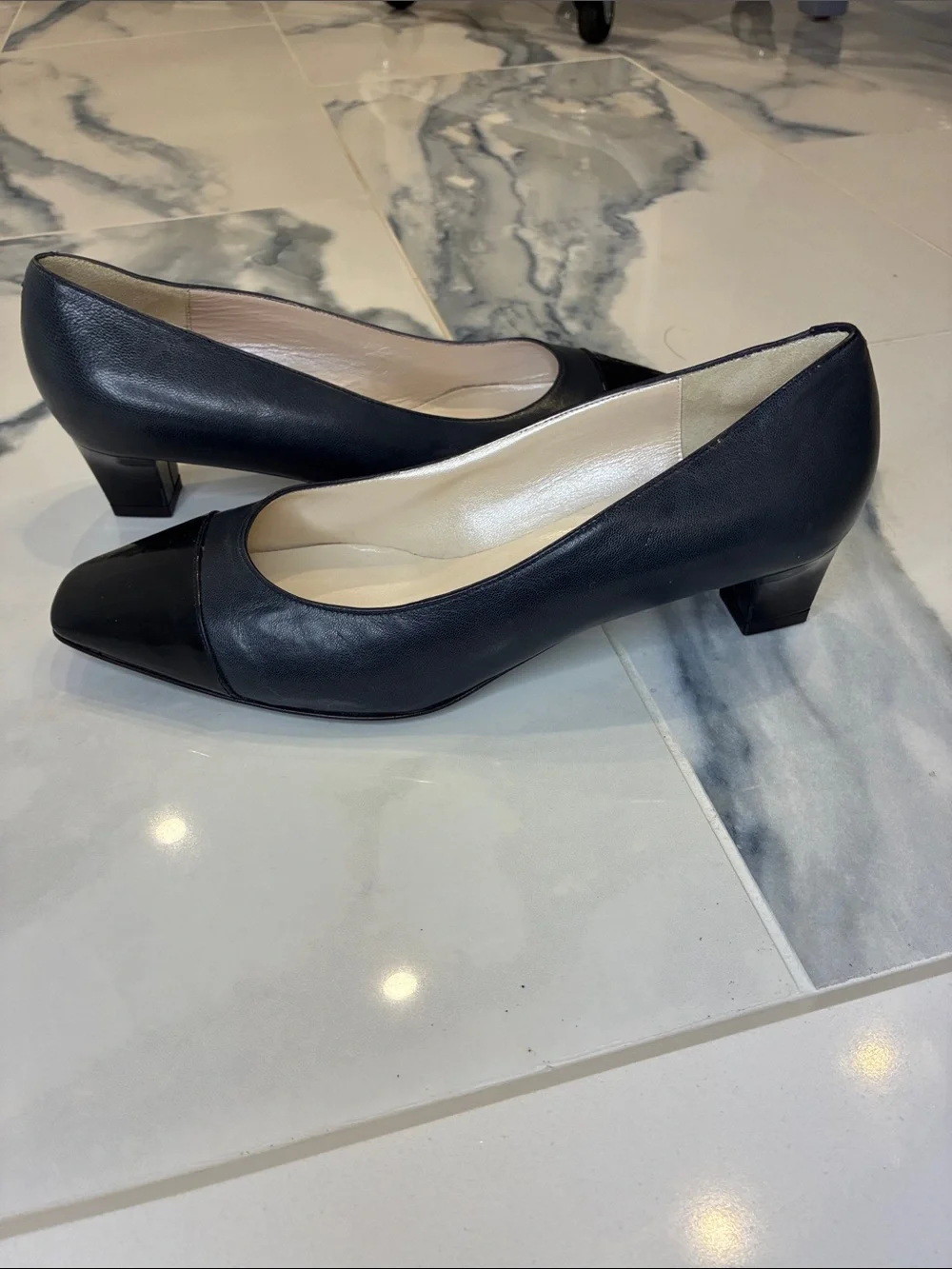 Bruno Magli Navy Leather Pumps with Black Patent Square Toe Cap